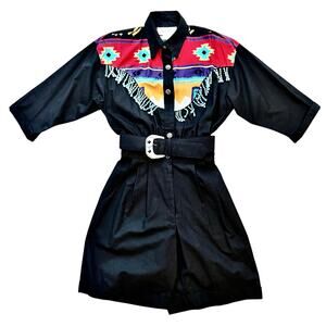 Vintage 80's D Frank Beaded Western Fringe Romper Jumpsuit Southwest Boho Black